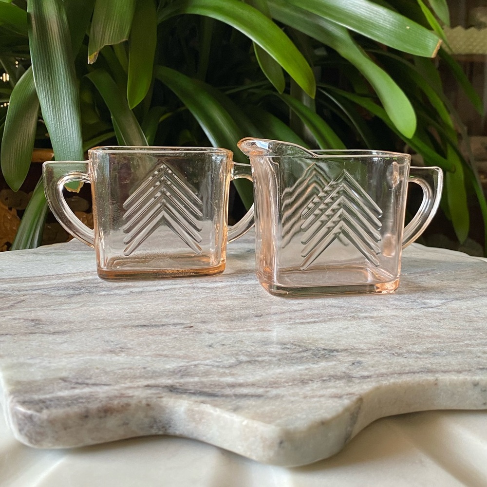 1930’s Hazel Atlas Chevron Pink Depression Glass Cream and Sugar Dish Set